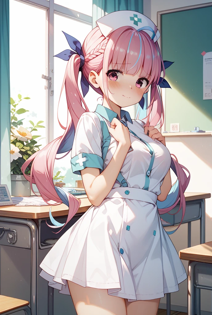 (8K、Top image quality、top-quality、​masterpiece)、1 loli、Pink hair、Twin-tailed、light blue  eyes、A slight smil、Smaller chest、nurse costume、a miniskirt、white pantyhose、cowboy  shot、hospital room background