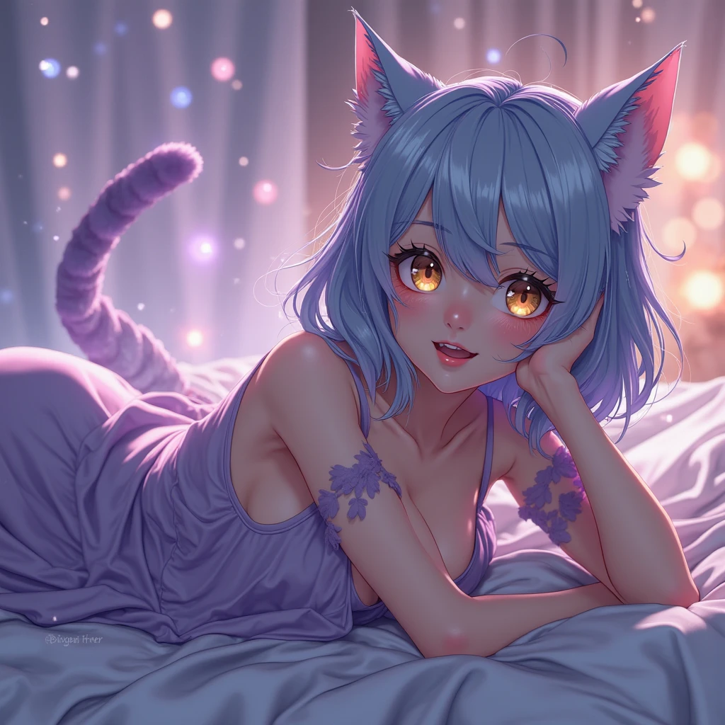 Cat_girl, She covered one eye with her own bangs、 (((Hide one eye with bangs)))、Sleep on your back, Shy smile, From above,, (Vibrant colors), chest,
