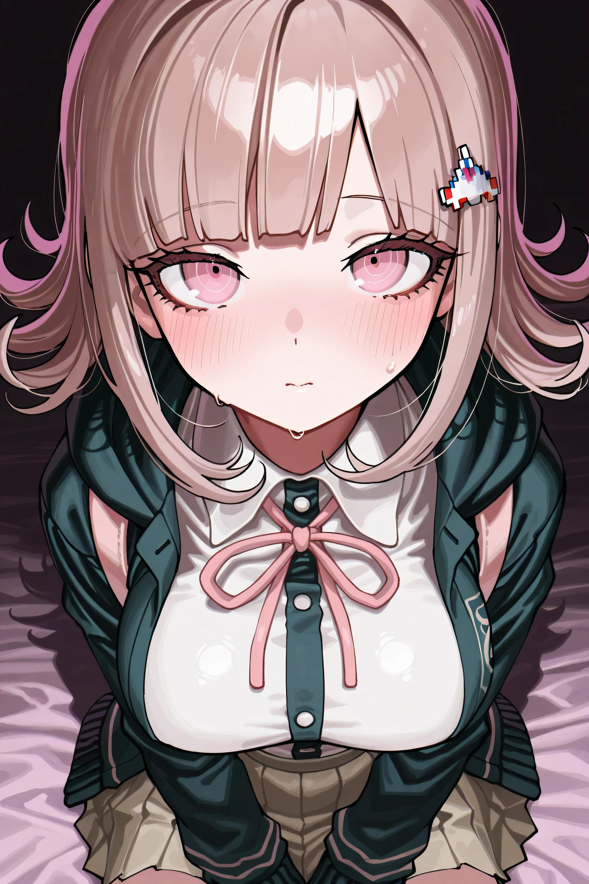 kmj-anonstyle, [artist:yoneyama mai], [artist:kanzarin], [artist: ekrea_jan], masterpiece,best quality,amazing quality, 748cmstyle, solo, eye focus, danganronpa (series), danganronpa 2: goodbye despair, galaga, nanami chiaki, 1girl, blush, breasts, brown hair, collared shirt, flipped hair, hair ornament, hood, jacket, long sleeves, looking at viewer, medium hair, neck ribbon, pink eyes, pink ribbon, pleated skirt, ribbon, shirt, skirt, solo, white shirt,