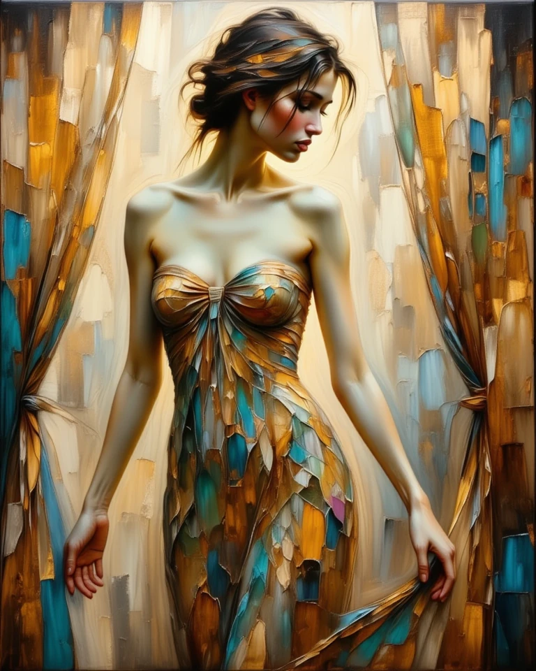 Jeremy Mann. (Model fashion stunning dress painting) masterpiece. Impasto oil painting, textured. Saturated deep colors. High contrast. Detail. Multi-layered image with cellular shadows, golden ratio, award winning, highly detailed, centered, drawn, complex, volumetric lighting, beautiful, masterpiece, depth of field, perfect composition, palette knife and brush strokes, Artistic style Ivan Slavinsky artist. (woman Figure painting) masterpiece. Full body of beautiful woman in dress. Dance, Extravagant fashion. Impasto oil painting, textured. Saturated deep colors. High contrast. Detail. Multi-layered image with cellular shadows. Beautiful face, Perfect anatomy, golden ratio, award-winning, highly detailed, centered, drawn, complex, volumetric lighting, beautiful, masterpiece, depth of field, perfect composition, high resolution 8K, palette knife and brush strokes, style Ivan Slavinsky.
