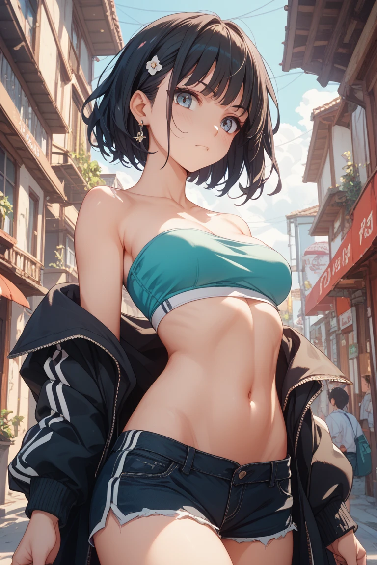 (((Masterpiece))), Shizuka Mikazuki, 1 girl, alone, looking at the audience, short hair, brown hair, Good bikini,track pants,long sleeve, rift, Medium bust,navel, gag, collarbone, jacket, open clothes, open jacket, blue jacket, ground vehicles, bicycle,