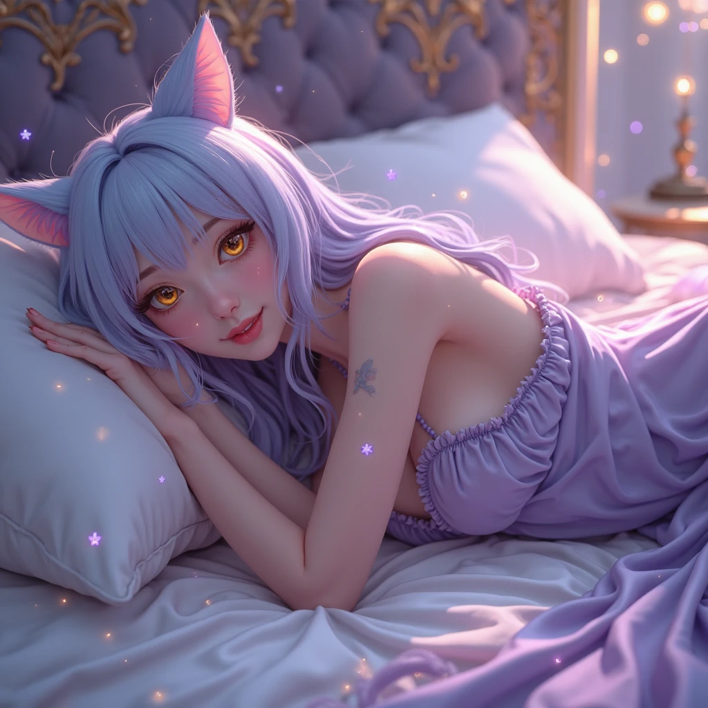 purple haired girl laying on a bed with purple flowers, artwork in the style of guweiz, smooth anime cg art, photorealistic anime girl render, guweiz, anime style 4 k, 3 d anime realistic, beautiful anime girl, photorealistic anime, trending on cgstation, 4k anime wallpaper, beautiful fantasy anime, anime style. 8k