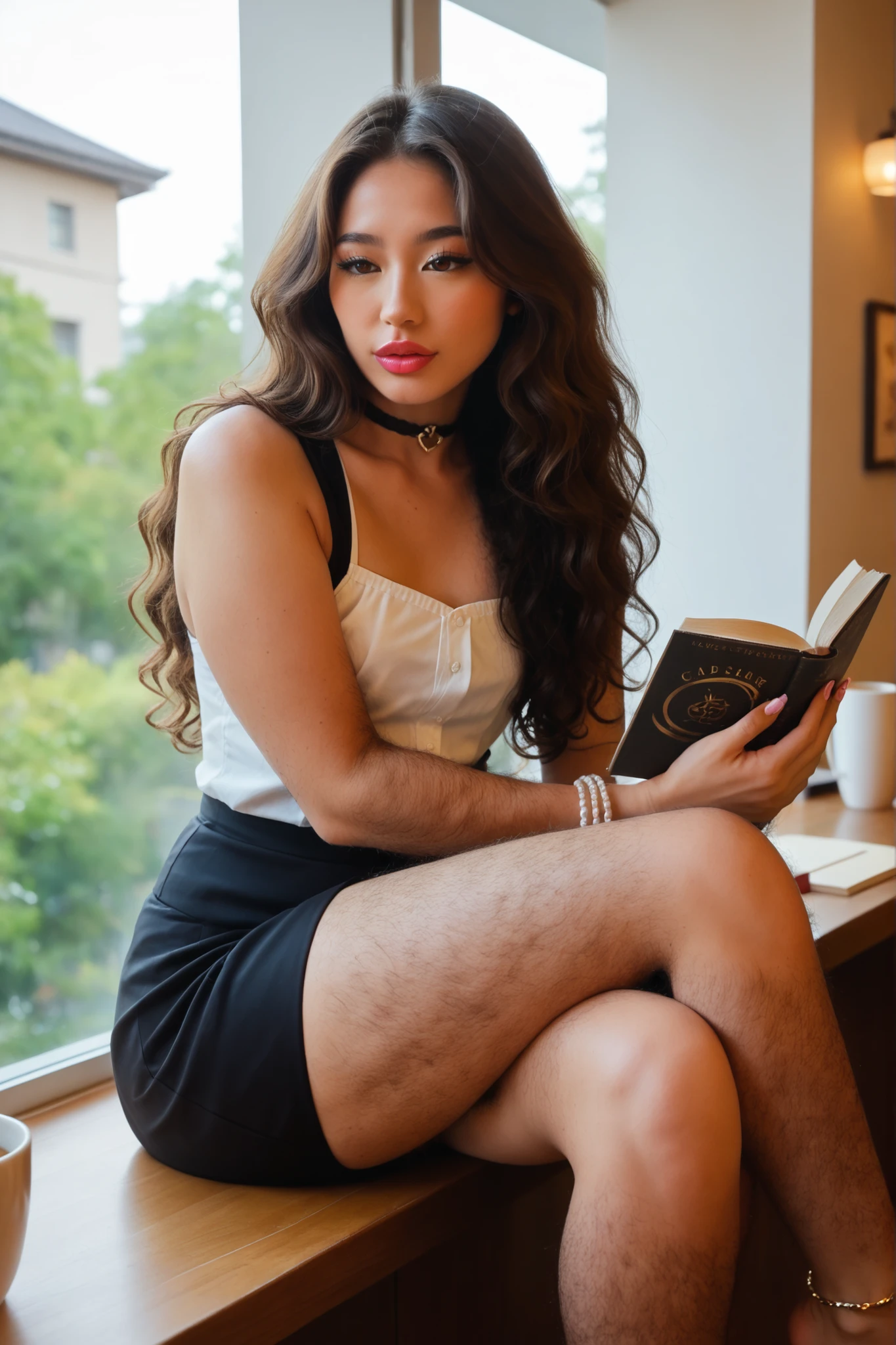 score_9, score_8_up, score_7_up,
A photo of a Japanese girl,1girl,24yo,(futanari:1.3),cinematic lightning,full body,cafe,(sitting),(reading a book),(looking at book),(very hairy body:1.4), face focus,(pale skin),(leg hair),(arm hair:1.3),armpit hair,(sleeveless shirt),(skirt),(cute face),brown eyes,(bushy eyebrows),(thick lips),(lipgloss),(pink lips), (flat chest),parted bangs,black wavy hair, (sidelocks),anklet,bracelet,choker,(UHD)