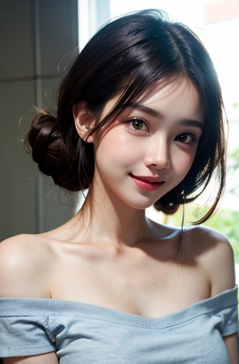 (bestquality, 8k, highres), Hair piercing, Curtain hair, Hair bun, Big Hair, medium hair, Bow headband, heart-shaped pupils, raised eyebrows, smile, Puckered lips, Surrealism, renaissance, Cinematic lighting, Depth of Field, god rays, drop shadow, Fuji color, first-person view, P.P.G, wide angle, Surrealism, UHD, Retina, masterpiece, textured skin, high-detail,