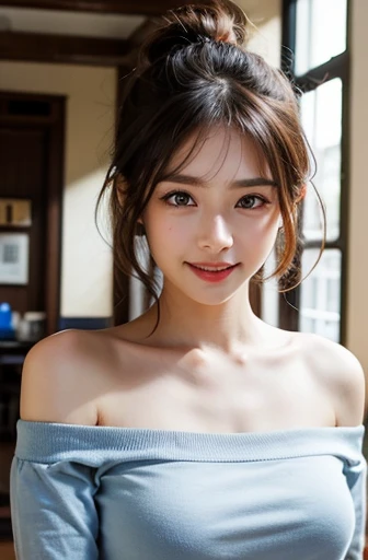Highest quality、Face Focus、Soft Light、（Depth of written boundary）、Ultra-high resolution、（Photorealistic：1.4）（from the front）1 Japanese、solo、cute、（Shy、smile：1.1）、（Brown eyes）、Detailed beautiful face、（midl_hair)、Sit on the bed、（White underwear）