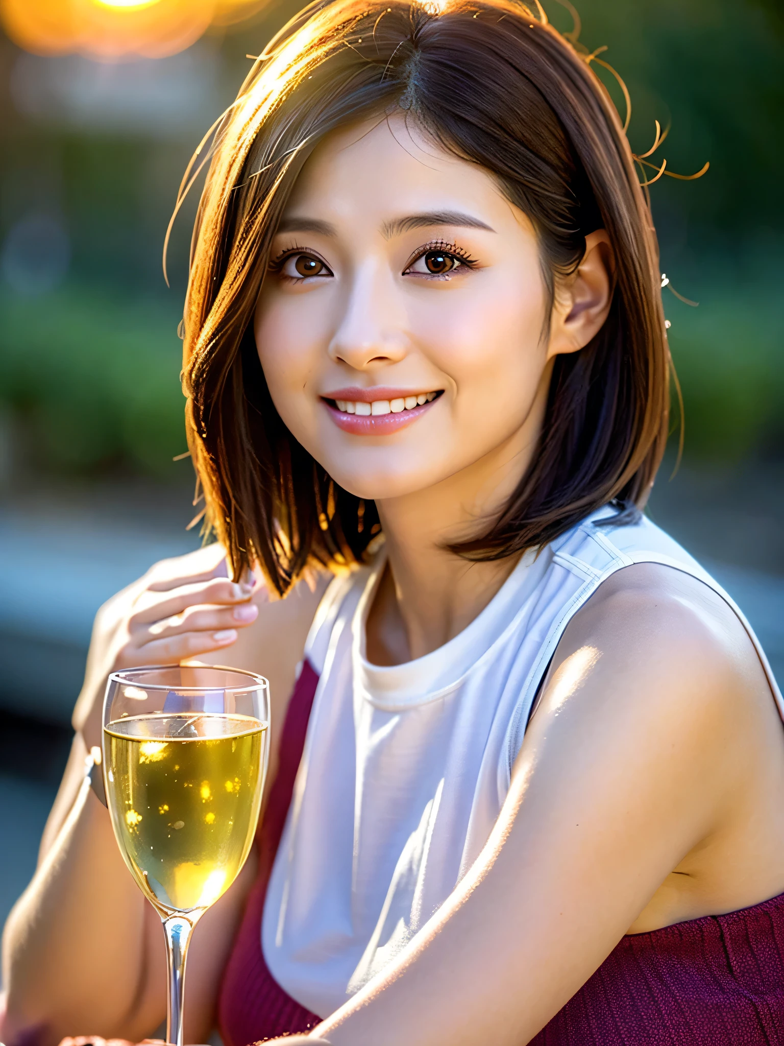 （Realistic:1.1）,(masterpiece,Highest quality)，8k,(49 years old), 50 years old, slimカップル、Tight waist,Upper Body,full-course dinner、wine 、Amazing view of the sunset sky and clouds、Perfect Anatomy, Brown Hair, short hair,Random Hairstyles,((Highly detailed face and eyes:1.2))，Perfect golden ratio face，Long sleeve shirt、dress,(smile:1.2)、Shortcuts、cute、(Realistic, Intricate details:1.2), A bright smile、short hair,Bright Face、赤wine 、Appetizers、Italian food、wine bottle、Champagne、スパークリングwine、(slimな顔), (The body is slim), (Brown Hair), (Shortcuts),  Upper Body, 白wine, slim, wineグラス, 