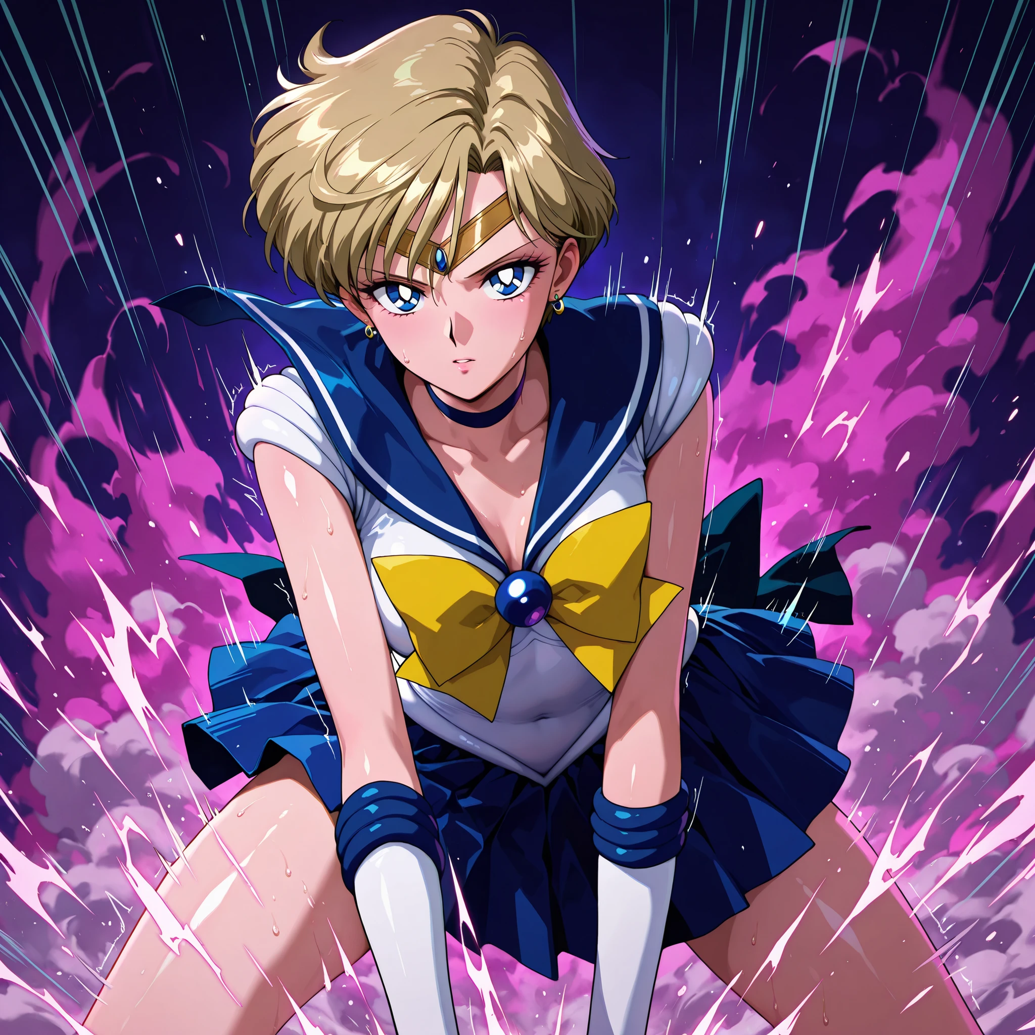 masterpiece,best quality,amazing quality, soft skin, very awa, very as2, shiny skin, shiny hair, soft body, 90's style, official art, Sailor Uranus XL,sailor senshi uniform,blue eyes,short hair,very short hair,tiara,1earrings,skirt,sailor collar,blue sailor collar,choker,blue skirt,blonde hair,bow,blue choker,yellow bow,white gloves, looking at viewer, World Shaking attack, energy own World Shaking, mature, aura, dust, motion lines, speed lines, clear skin, ultra-detailed-eyes, small breasts