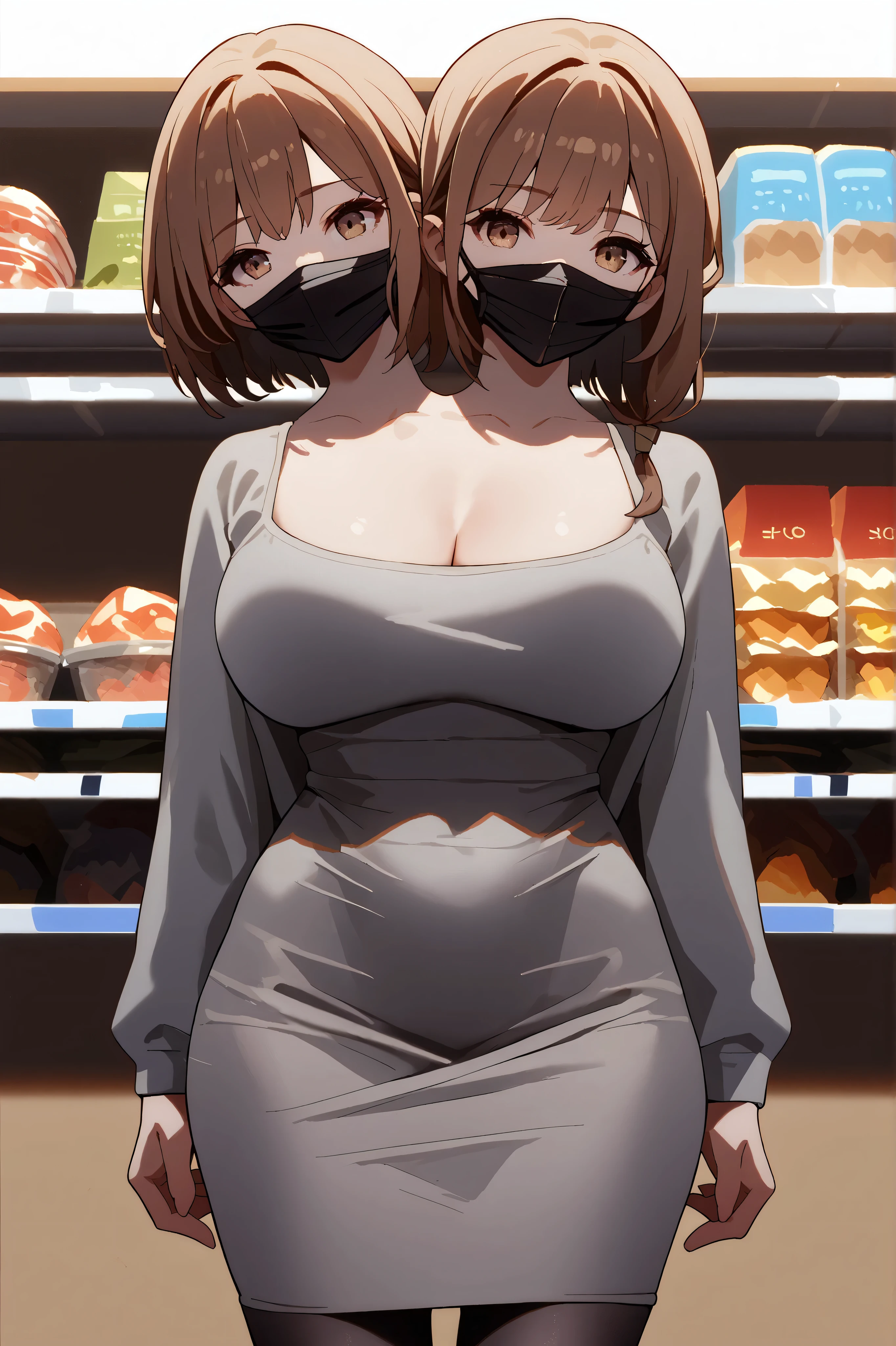 conjoined, 2girls, 2heads, two heads, a tall thin girls with 2 heads, brown hair, grey dress, dongtan dress, black pantyhose, black mask, large breasts, front shots, standing, shop