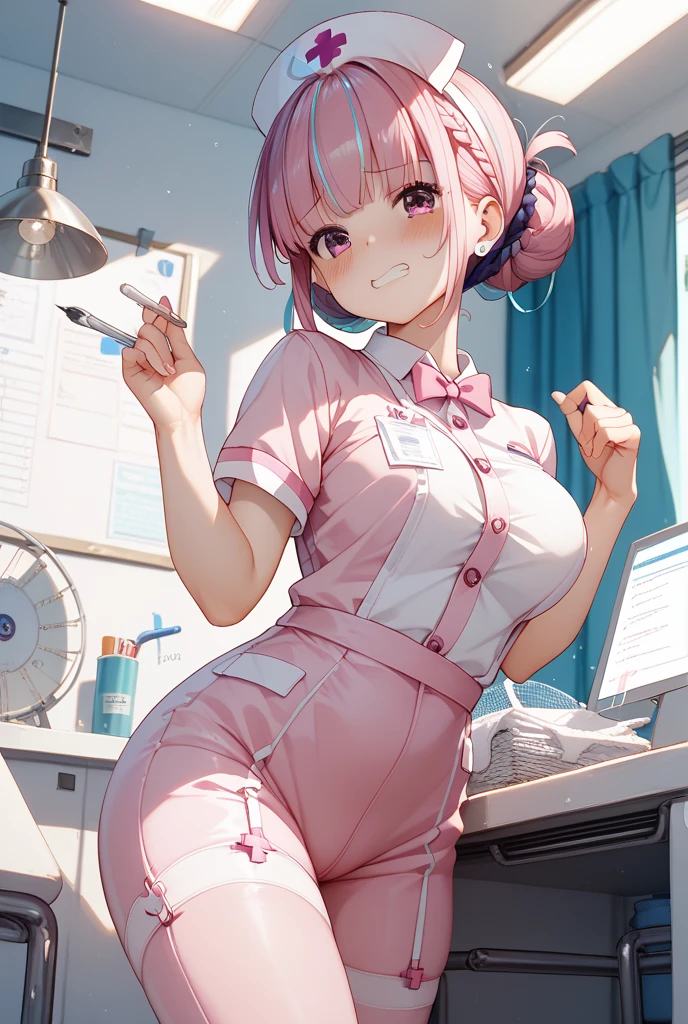 masterpiece, highest quality, 1 girl, Beautiful face in every detail, ((Pink Nurse)), Bent over, Down blouse, smile, short hair, Wavy Hair, Twin tails, Gray Hair