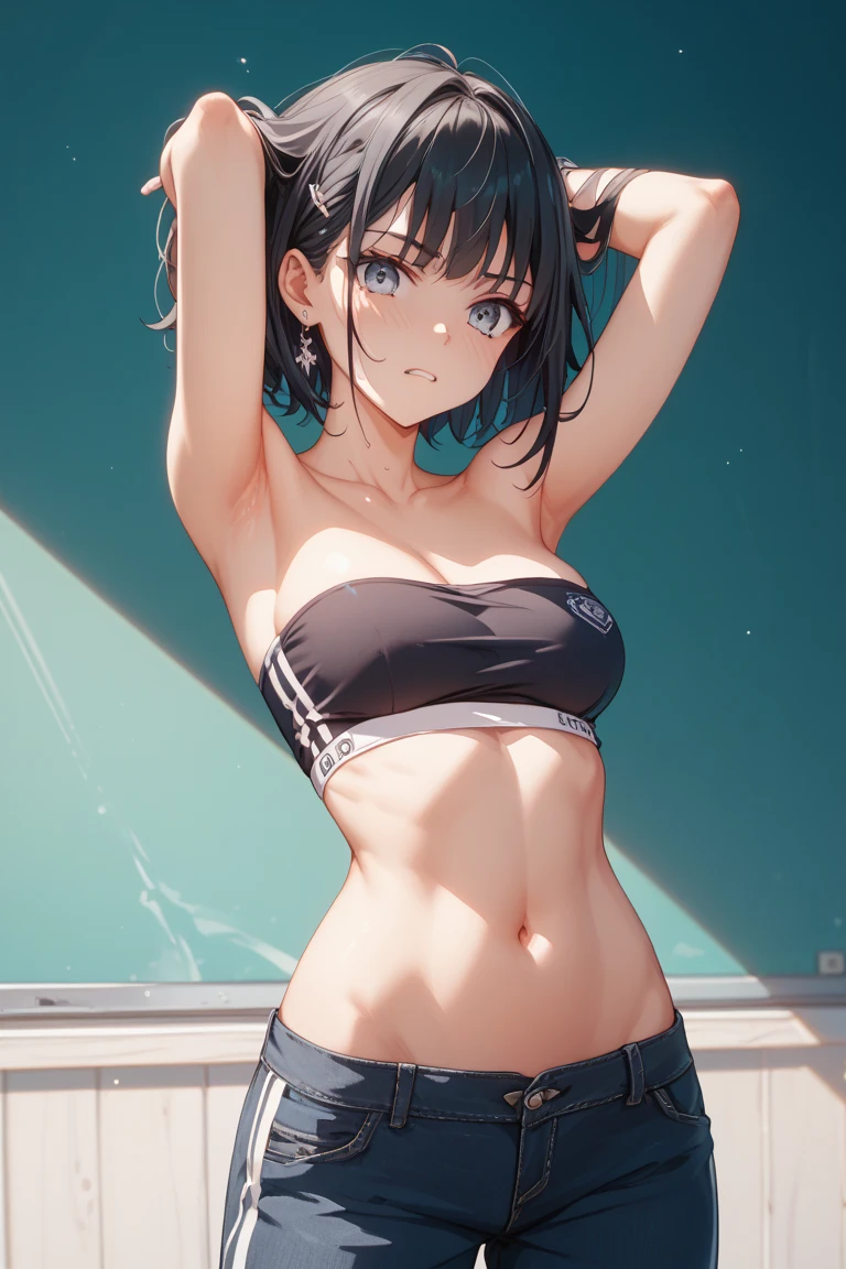 (((masterpiece))), (((8K))), (((hight resolution))), together (((surrealism))), (((Cinematic lighting))), (short hair:1.2),god rays, Zoom Layer,(layered hoodie), canon, Shiny skin,Detailed skin,Detailed face, Detailed eyes, celebrate, she look natural, young girls,natural lighting,outdoor,in the morning, (abs:1.2),(crop top,sport clothing,short skirts),blue bra exposed,(sport bra,short skirt,long-legged sock),blue sky,sweat,sweat on skin,she is grinning,smiling,wet,sweat body,soaking wet,mocking