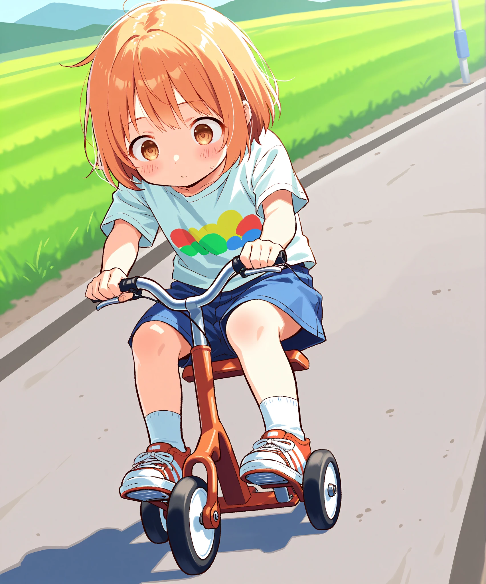 On the road at daytime、A girl is riding a tricycle at high speed。she3At about the age、He has a stern look on his face while holding a pacifier in his mouth.。Moving those little legs as hard as she could、The way he pushes forward with all his might is very impressive.。He pays no attention to the surrounding scenery or people passing by.、It's as if he is about to accomplish some important mission.。The serious look and the sense of speed、It speaks to her determination。