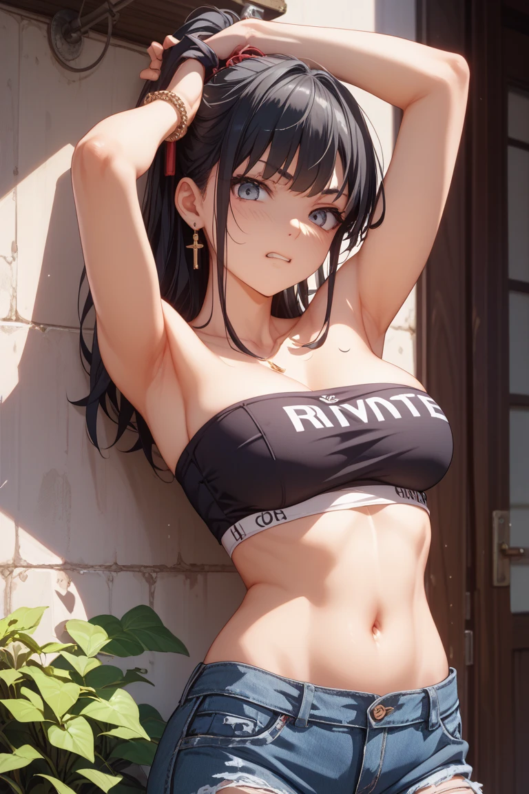 masterpiece, great quality, ultra detail, illustration, game cg, 1girl, solo, (FGOErice), collarbone, cleavage, blush, outside, (leggings, halter top),