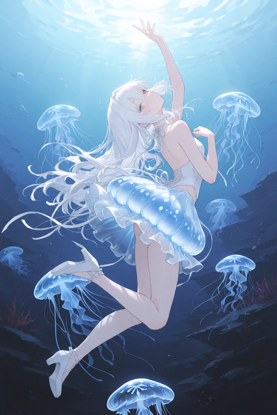 anime, cute女の子,Flat Chest,cute,(Jellyfish Girl:1.2), Red eyes, Put your arms behind your back,Underwater, White Crisscross Halter Camisole, Black jacket, Black shorts, Silver Hair, Very short hair, {{blue highlights in hair}}
