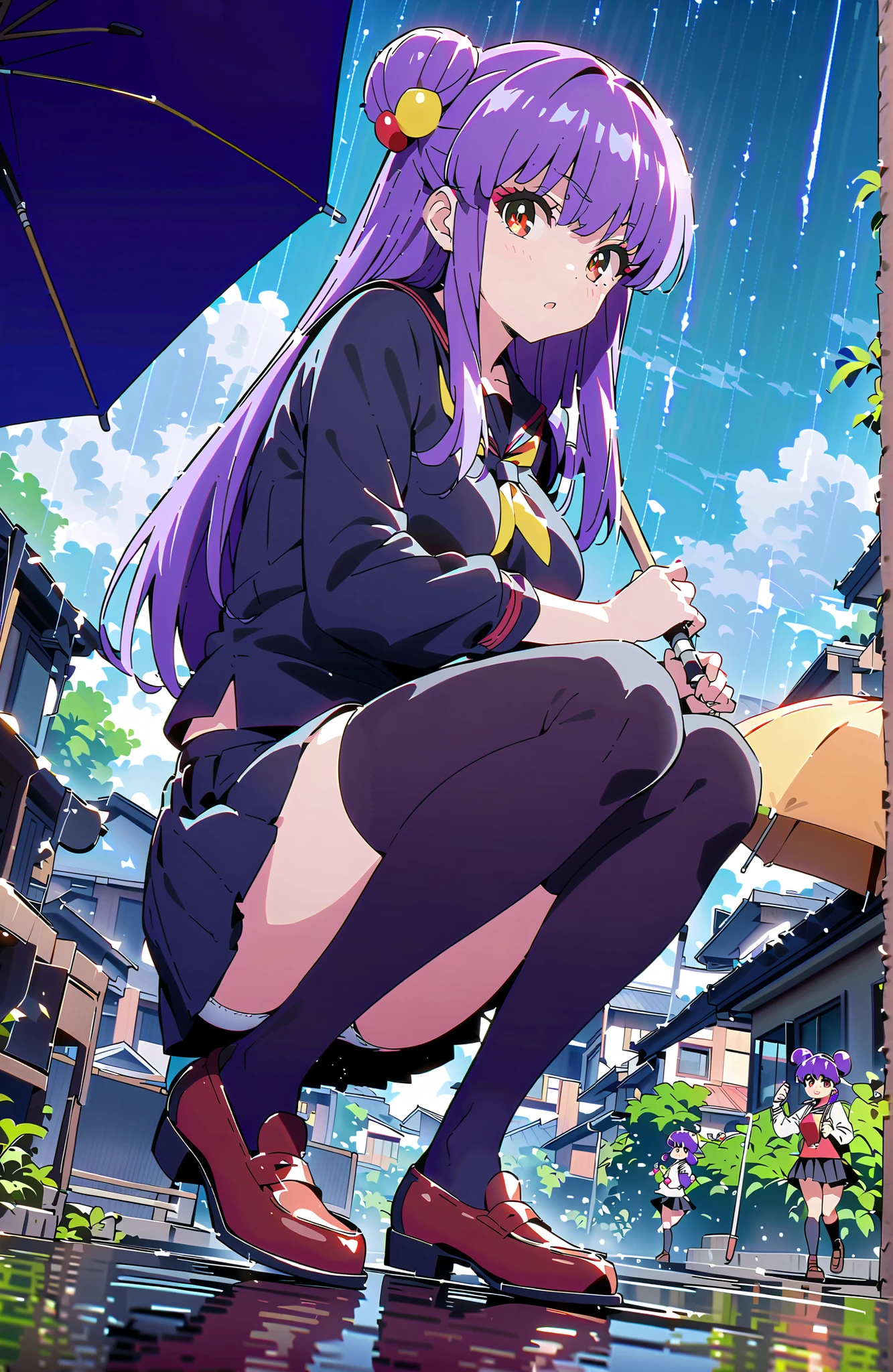 score_9, score_8_up, score_7_up, source_anime,  shampoo, shampoo (Ranma 1/2), long hair, hair ornament, Red Eyes, purple hair, hair bun, double bang, Medium breast, Black Sailor Suit, black mini pleated skirt ,Black thigh high socks,loafers,white panties,squatting,umbrella,angle from below,rain,cloudy,full bodyがillustrationsに入るように,in their 40s outdoors, residential area,
in their 40s looking at viewer,full body,
in their 40s (masterpiece:1.2), best quality, high resolution, Unity 8k 壁紙, (illustrations:0.8), (beautiful detailed eyes:1.6), highly detailed face,  perfect lighting on the table, extremely detailed CG, (perfect hand, perfect anatomy),