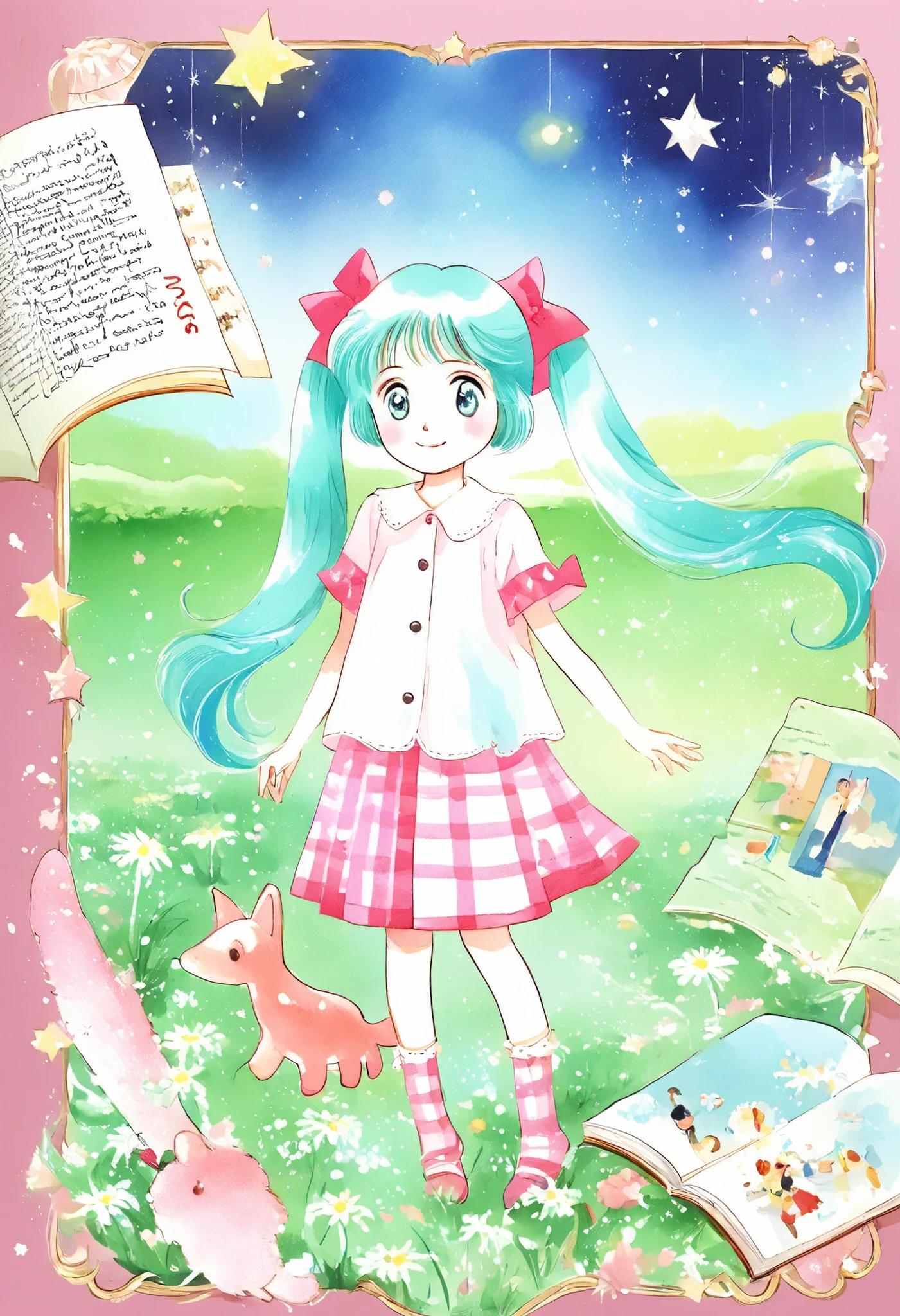 ( masterpiece、 best quality、 best quality、、 beautiful beautiful :1.2) Hatsune Miku、light green twin tails, beautiful breasts,storybook pages, watercolor illustrations, young characters by Hayashi Akiko, Cute Style, Japanese text at the top, handwritten font , soft pastel colors, Exquisite composition, in their 40s, pretty girl with toy animals by Hayashi Akiko and a very young boy, big moon with samurai sword , in the middle of the night , Many stars, standing on green grass with small white flowers, 子供のPicture book style, soft watercolor illustrations, fine brushwork, pastel palette, Beatrix Potter , by Hayashi Akiko, storybook cover style, charming and innocent atmosphere, perspective from a high eye level、Picture book style