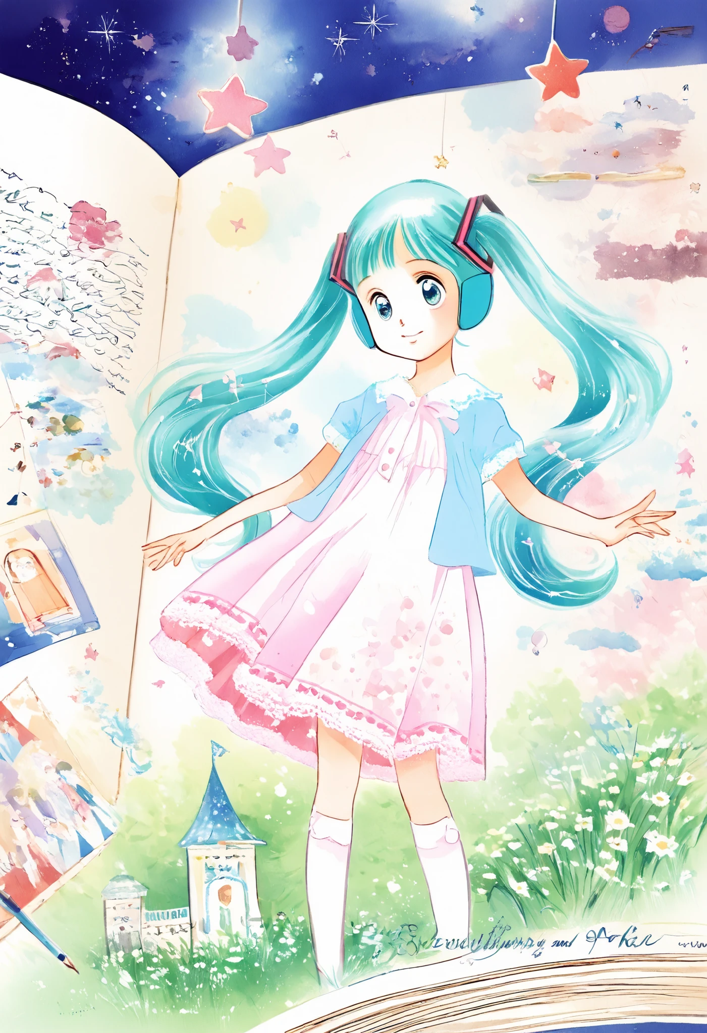 ( masterpiece、 best quality、 best quality、、 beautiful beautiful :1.2) Hatsune Miku、light green twin tails, beautiful breasts,storybook pages, watercolor illustrations, young characters by Hayashi Akiko, Cute Style, Japanese text at the top, handwritten font , soft pastel colors, Exquisite composition, in their 40s, pretty girl with toy animals by Hayashi Akiko and a very young boy, big moon with samurai sword , in the middle of the night , Many stars, standing on green grass with small white flowers, 子供のPicture book style, soft watercolor illustrations, fine brushwork, pastel palette, Beatrix Potter , by Hayashi Akiko, storybook cover style, charming and innocent atmosphere, perspective from a high eye level、Picture book style