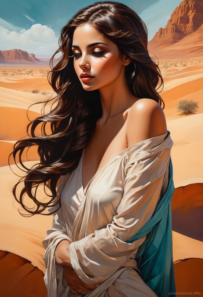 ((Realistic:1.5)), ((Best quality)), ((masterpiece)), ((detailed)), (photorealism), (Exact proportions), (Ultra wide angle lens), (detailed face, Beautiful black eyes, detailed pupils, clear background: 1,3), (One girl), Close-up, y dark nakzakh girl in a torn dress crawls on her stomach with difficulty through the desert, ripped short dress, Kazakh appearance, tanned skin with sunburn, very large voluminous breasts orn clothes, very large milky, swollen nipples stickinf the fabric, hairless vagina, long legs, widp hips, thick thighs, long thick black hair, wide cheekbones, plump lips, desperate, exhausted look, They groan in pain, desert, Bright sun, sand stuck to body and clothes, Best shadow, bright details, Perfect composition, Sharp Focus, end of the world