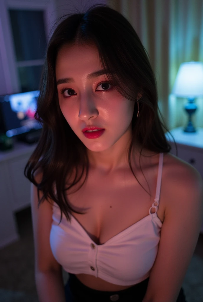 score_9, score_8_up, score_7_up, rating_safe, lovehotel, reflection ground, glowing bed, sitting, 1girl, close up, from front, looking at viewer