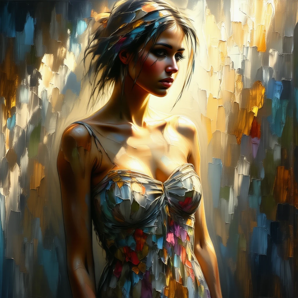 Jeremy Mann. (Model with stunning dress painting)  masterpiece. Impasto oil painting, textured. Saturated deep colors. High contrast. Detail. Multi-layered image with cellular shadows. Beautiful  Model, Perfect Nature, golden ratio, award winning, highly detailed, centered, drawn, complex, volumetric lighting, beautiful, masterpiece, depth of field, perfect composition, high resolution 8K, palette knife and brush strokes, Artistic style Ivan Slavinsky artist. (woman Figure painting)  masterpiece. Full body of beautiful woman in dress. Dance, Extravagant fashion. Impasto oil painting, textured. Saturated deep colors. High contrast. Detail. Multi-layered image with cellular shadows. Beautiful face, Perfect anatomy, golden ratio, award-winning, highly detailed, centered, drawn, complex, volumetric lighting, beautiful, masterpiece, depth of field, perfect composition, high resolution 8K, palette knife and brush strokes,