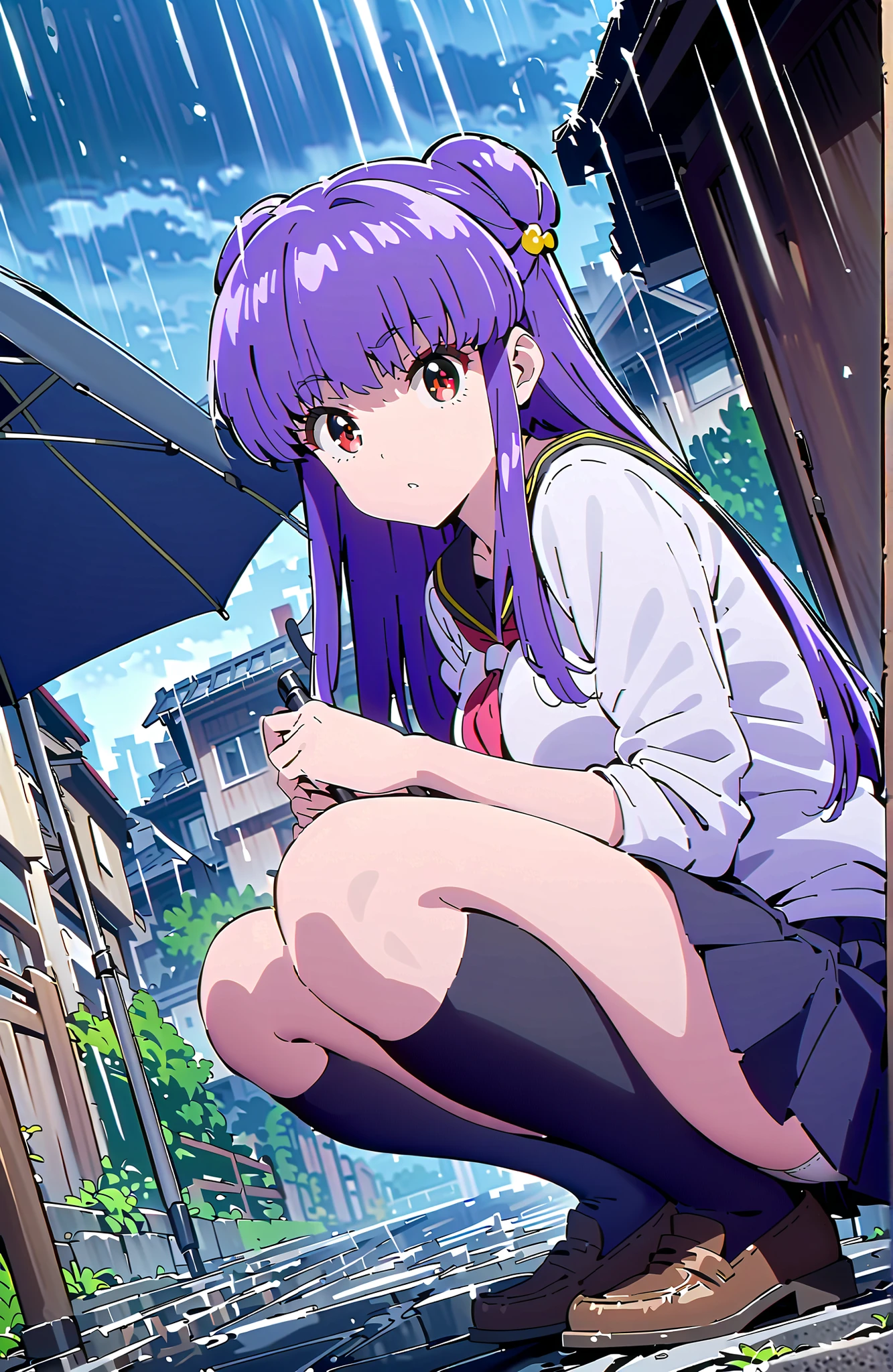 score_9, score_8_up, score_7_up, source_anime,  shampoo, shampoo (Ranma 1/2), long hair, hair ornament seen from the side, Red Eyes, purple hair, hair bun, double bang, Medium breast, Black Sailor Suit, black mini pleated skirt ,Black thigh high socks,loafers,white panties,squatting,umbrella,angle from below,rain,cloudy,full bodyがillustrationsに入るように,in their 40s outdoors, residential area,
in their 40s looking at viewer,full body,
in their 40s (masterpiece:1.2), best quality, high resolution, Unity 8k 壁紙, (illustrations:0.8), (beautiful detailed eyes:1.6), highly detailed face,  perfect lighting on the table, extremely detailed CG, (perfect hand, perfect anatomy),