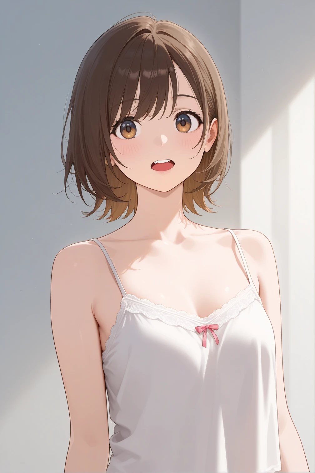 { masterpiece : best quality : high resolution : unity 8k wallpaper : illustration } { Background = inside bright bedroom } {Chie : white tanktop : cleavage) : perfect slender body : small breast: brown eyes : standing : innocent smile }
