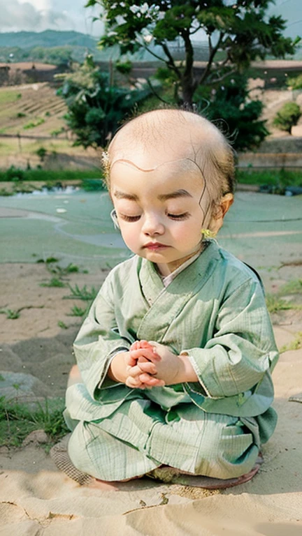 There was a little boy sitting on the ground meditating, Cute boy, Gray robes, Gray monk's robe, 2 years old, Portrait shooting, kiddy big breasts, nanquan, Children, Boy, Medium portrait, Mid-range portrait, Meditation and prayer, Meditation blessings, Traditional meditation, Buddhist zazen, daoshu, Cai Xukun, Highlight, Gamine, Photo taken with Nikon D 7 5 0, Photo taken with Nikon D750,, little monks, Meditate, Ring scar on the top of the head, bald-headed, babyfat, younge boy, adolable, Buddhist Hall, Static close-up, Traditional religion, Strong sense of reality, wood furnishings, front face symmetrical, k hd, Frontal portrait photo, Full body portrait photo, Keep your eyes closed, Buddha beads around the neck, Prayer beads,