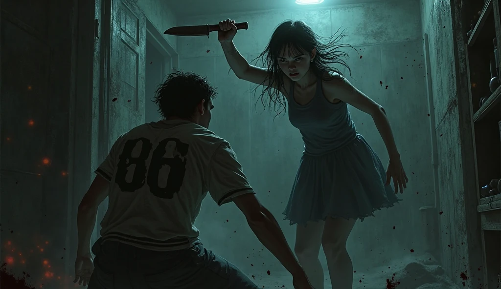 creates a vectorized image (looking like a drawing) of a 30-year-old masked man murdering a young 2 woman. both are black. The murder takes place in a parking lot with many trees
