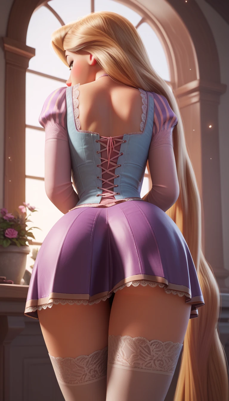 Rapunzel skirt, body, long stockings, half body, from behind, flirty, skirt with floral details on the trim,