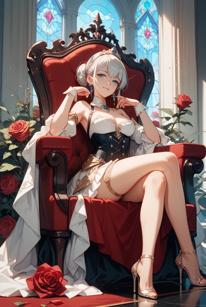 ((masterpiece)),(best quality), ((extremely detailed CG unity 4k wallpaper)),(cinematic lighting), (an extremely shy and beautiful evil girl:1.3),face, fixed eye, closed mouth, hand fixed (++white hair++), pink eyes, long hair, jewelry,earrings, :d, maid,black labrynth,
Large breast ,(garden full of roses), horn ,outdoor, waterfall ,view from side, hand over armchair, sitting on throne , crossed leg in detailed, all body , leg fixed, expensive white heels ,shenhedef, shenhernd