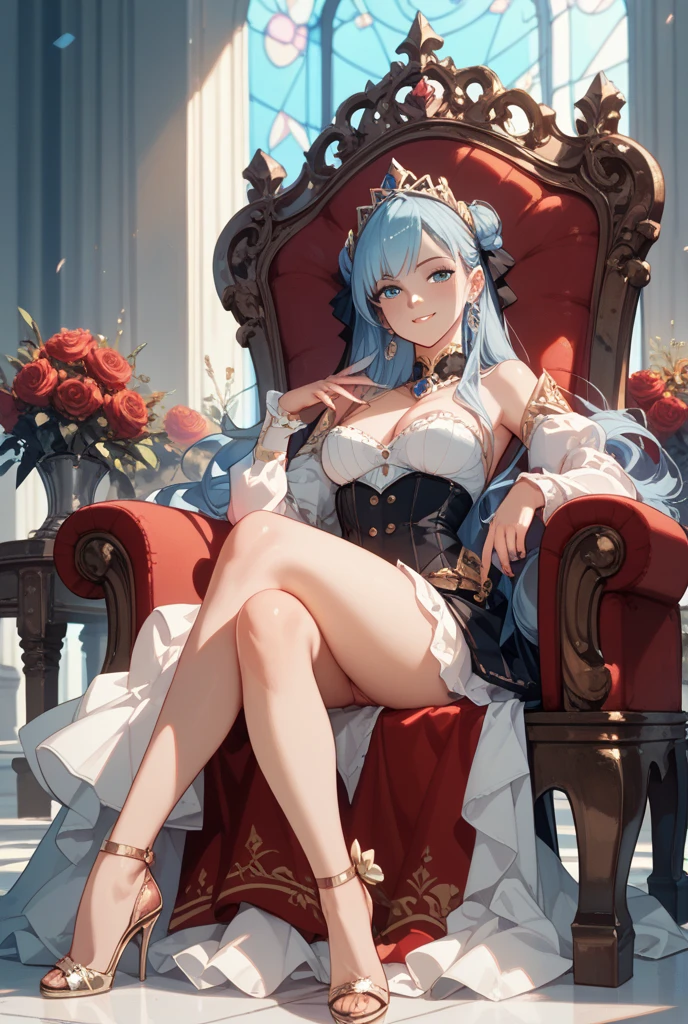 (masterpiece image, very detailed image, best high quality high definition image)
1woman, beautiful woman, milf, fair skin, light blue eyes, wavy blonde golden hair, absolute beauty, aristocrat, wealthy powerful woman, serious face, , voluptuous figure (headbang bith two flue flowers, silver necklace, white gloves, sleevless, long high society rich blue dress)
Sitting on luxurious chair, legs crossed, red living room