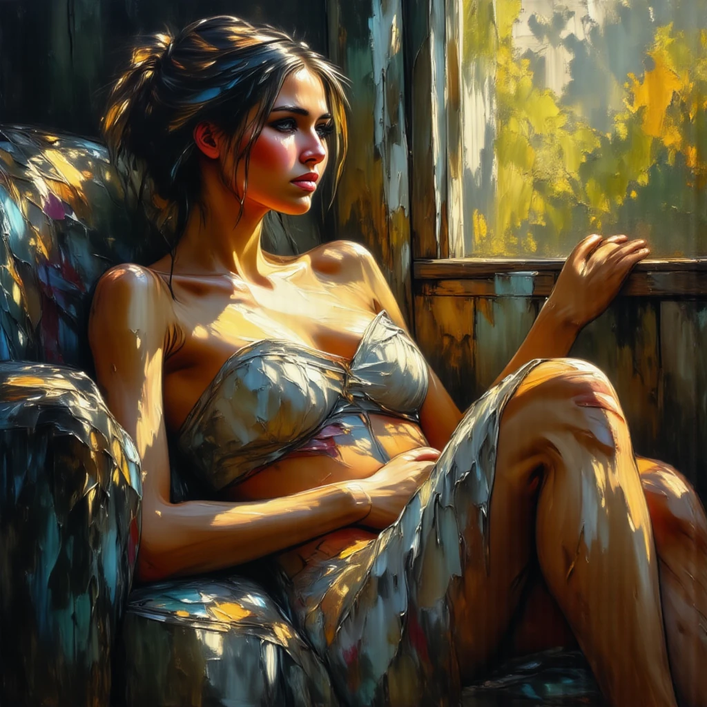 A girl sitting by the window, hyperrealistic nude figure, surreal dreamlike atmosphere, Salvador Dali style, oil painting, intricate details, soft lighting, warm color tones, photorealistic, highly detailed, sharp focus, masterpiece, best quality, 8k