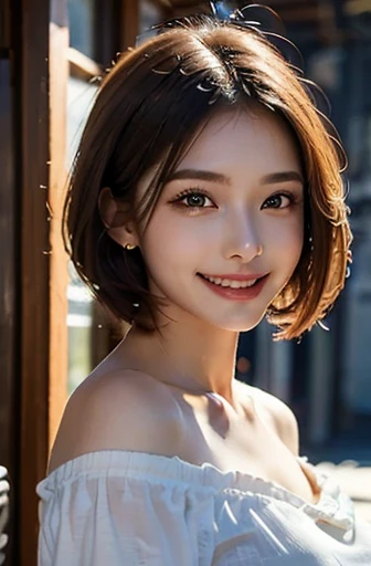 ((masterpiece)), ((Highest quality)), ((Complex)), (Realistic), (Very detailed), (1 female), Middle age, Beautiful and detailed, (Beautiful Teeth), double eyelid, eyelash, Grin, Brunette Bob Hair, Brown eyes, Large Breasts, (bikini), (background: none), backgroundぼかし, Perfect Eyes, Captivating eyes, Looking at the audience, from before