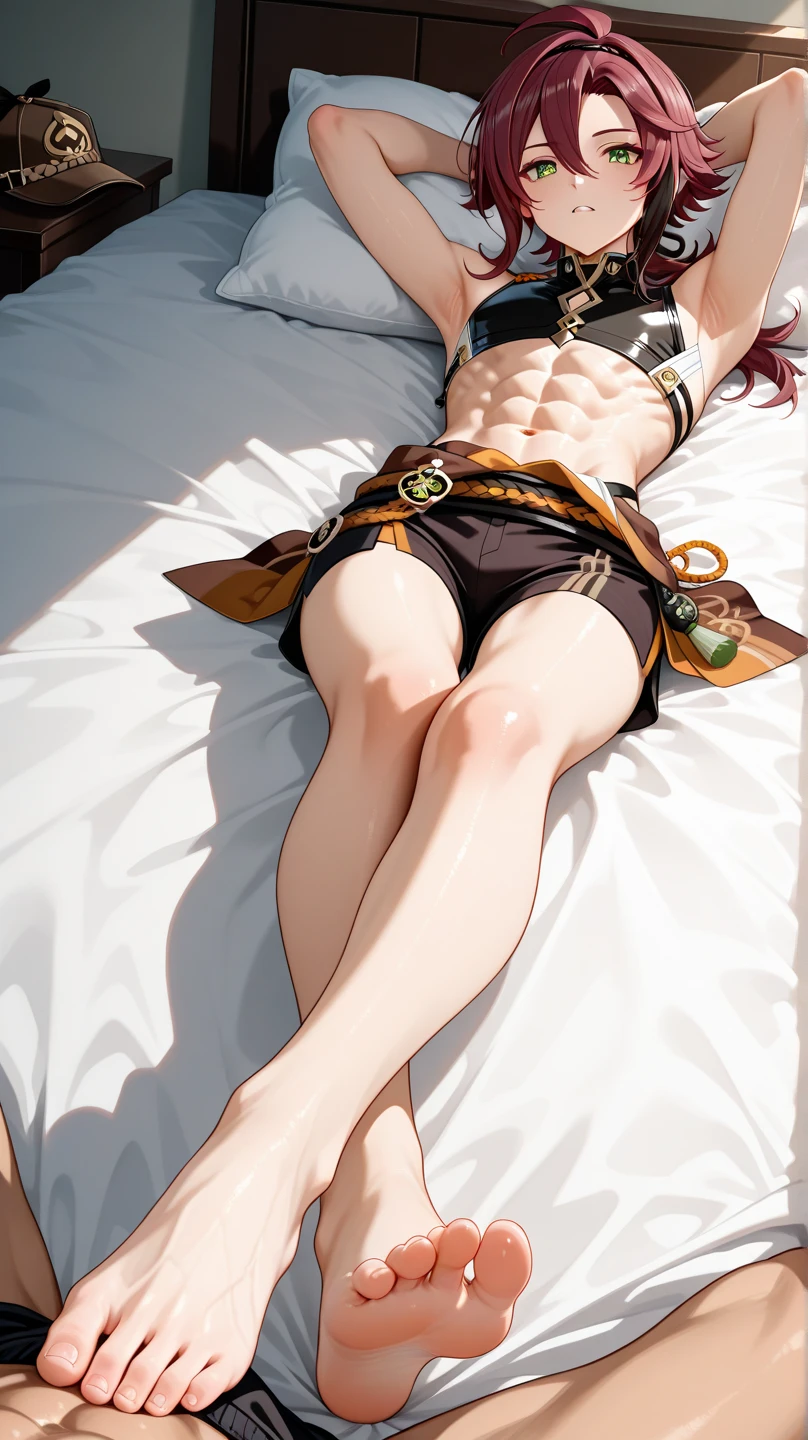1 girl, (medium breasts))), (((wearing short bikini))), (long pink hair), (((blue eyes))), thin arms, (in the motel room), (thin waist), (((muscular legs))), muscular belly, bare feet, (((lying on the bed looking at me))), (twintails), black nails, perfect hands, perfect and well detailed fingers, Long Eyes, eye reflex, happy, anime, anime style, ray tracing, reflection, drop shadow, panorama, Sony FE, 8k, UDisk, masterpiece, accurate, anatomically correct, Super Detail, best quality, ultra-high resolution, hard drive, 16k