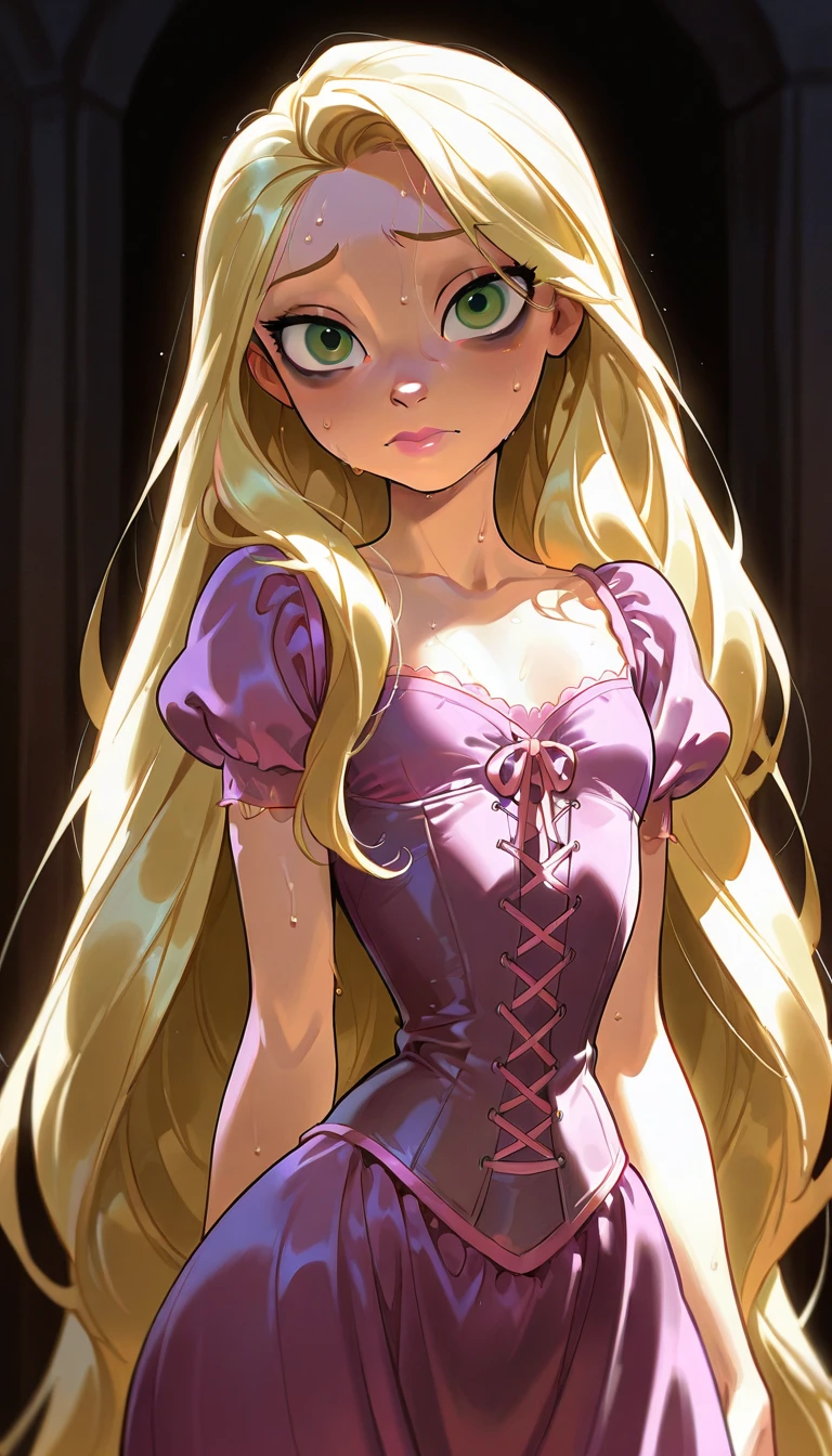 (Dominican: Caribbean:1girl: Rapunzelwaifu,Superhero), (extremely detailed CG unit 8k wallpaper),(master part), (best quality), (ultra detali), (best illustration),(melhor ombre), cowboy shot, (Sharp eyeliner, ombre, detailedeyes:1), Disney Castle background, ,break , (star15escola:1.2), hair ornament,long hair ,golden hair, Cameltoe
