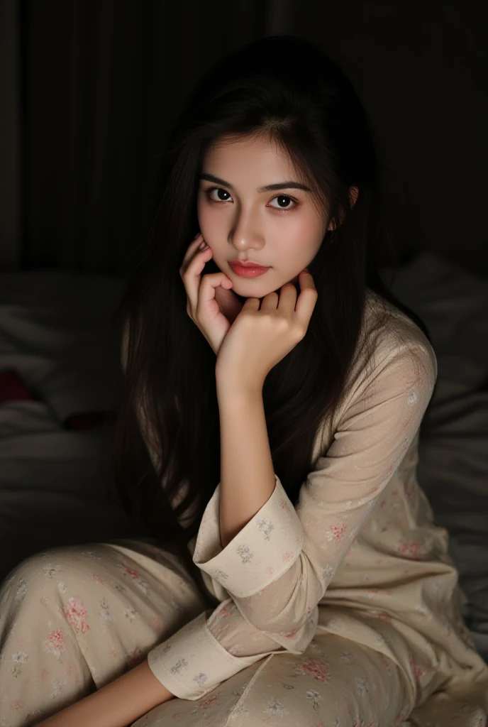 Beautiful Thai girl wearing sexy thin pajamas is sleeping on a wooden bed.,Warm wooden house,wooden window,lace curtains,nighttime