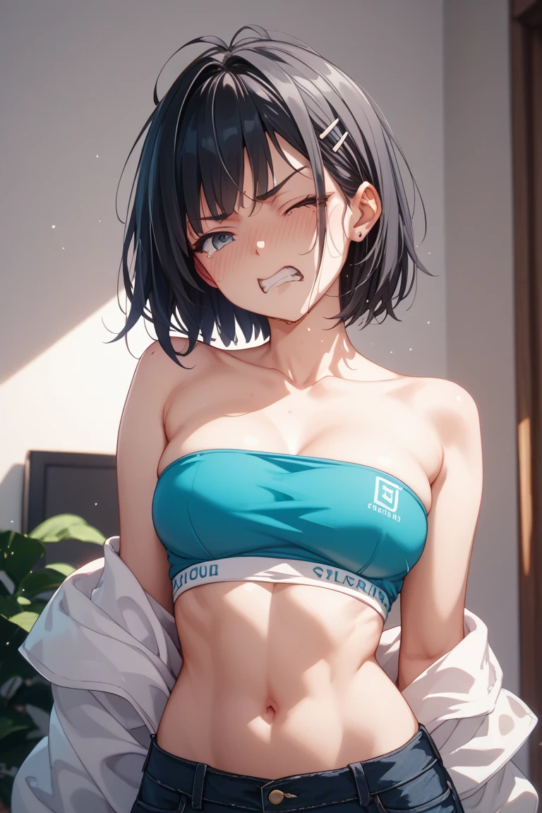 Saitou,cowboy shot,(short hair,short sleeved white sailor suit,covered nipples,underboob,bottom less),ahegao,(crying),orgasm,out tongue,big breasts