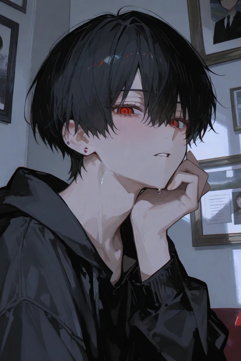 1 male boy,black hair, black pupils,white long sleeve t-shirt,defined body,Dark City,blood stains,