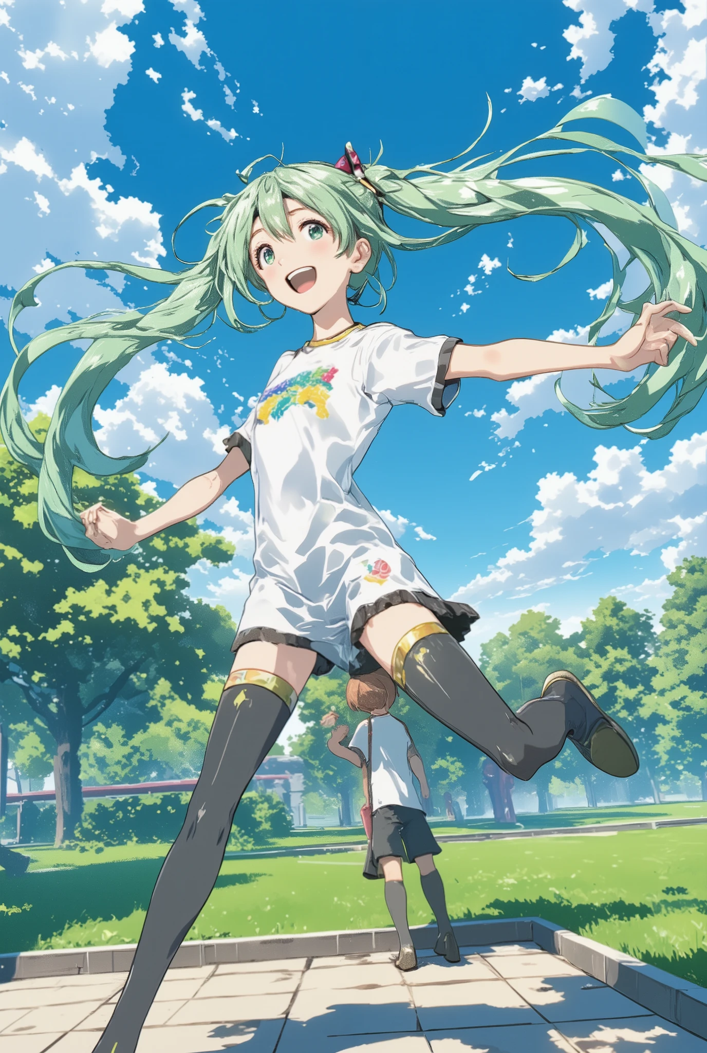 ( masterpiece、 best quality、 best quality、、 beautiful beautiful :1.2) Hatsune Miku、light green twin tails, beautiful breasts, best quality、high resolution、(high image quality:1.2)、masterpiece、Detailed Background、highly detailed face、detailed eyes、age beauty、Anatomically Accurate、perfect body line、Active and active、cute無邪気な笑顔、white and yellow border t-shirt、Pure fun、a scene that makes you feel free、, and、
(A scene where the expansive sky and the refreshing atmosphere of the park are in harmony:1.5)、
(kick your leg out with all your might、soar high and high while catching the wind:1.5)、
eyes shining in the distance、innocent smile as if you were flying through the sky、spreading blue sky and open white clouds、half up ponytail、 side bun hair、cute