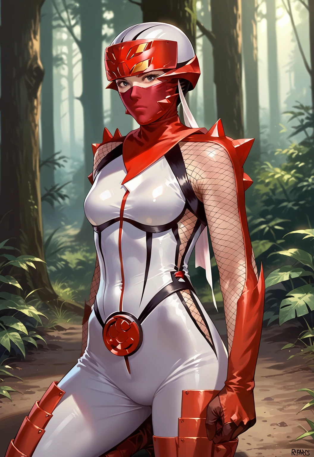 (masterpiece, top quality, best quality, beautiful and aesthetic:1.2), yiga clan, yiga clan footsoldier, yiga clan blademaster, mask, masked, latex, bodysuit, belt, bodysuit, red bodysuit, large breasts, skin tight, covered nipples, remilia_scarlet_touhou, blue_hair, short_hair, red_eyes,