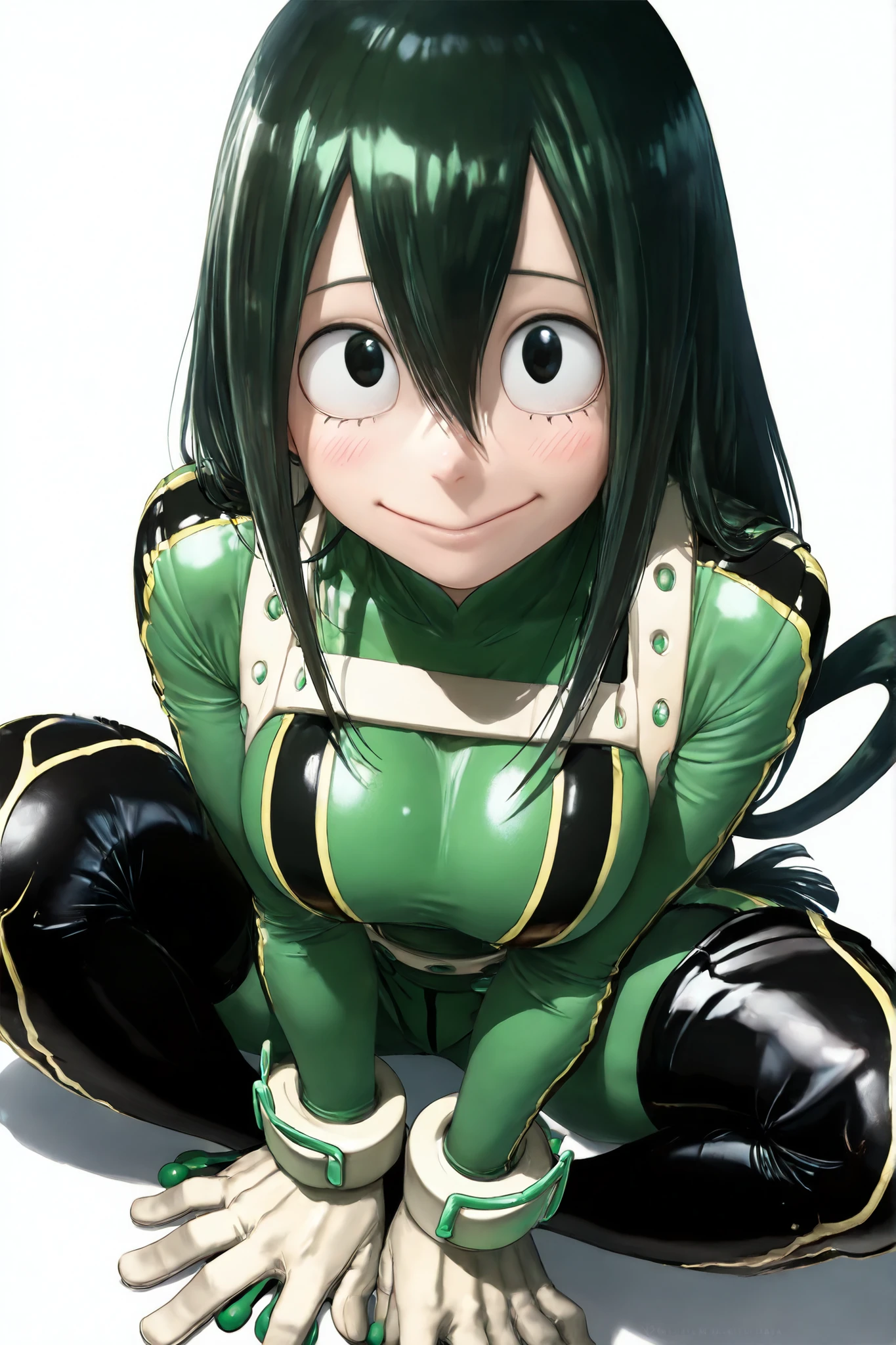 score_9, score_8_up, score_7_up, score_6_up, score_5_up, score_4_up,
BREAK
(masterpiece: 1.0), best quality, perfect anatomy, perfect composition, perfection, Realistic proportions, realistic anatomy, by Yusuke Murata
BREAK
use of shape theory, use of anatomy, defined body, defined textures, defined fabric folds. (dynamic pose, foreshortening, foreshortening, dynamic pose,)
BREAK
1girl, solo, breasts, looking back at viewer, blush, simple background, Asui Tsuyu, dynamic pose, thick lines,sitting lotus pose, high angle, smile