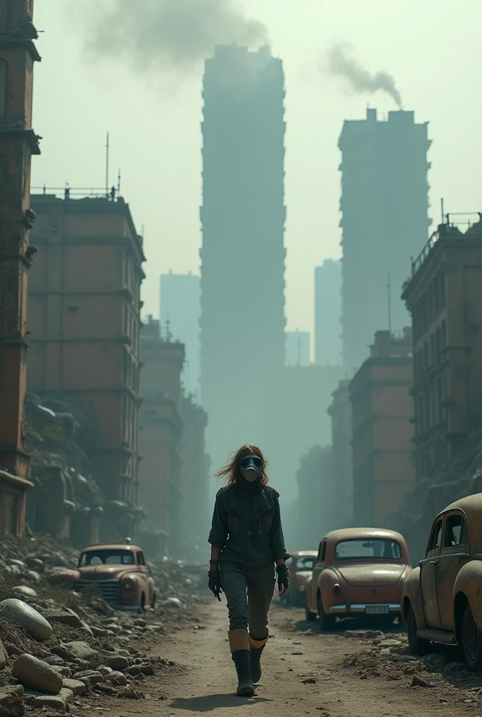  Post-apocalyptic cinematographic city ,  crumbling concrete skyscrapers spewing smoke ,  ruined and crowded buildings , junto,  image taken 200 meters high ,  a woman with a gas mask and torn clothes walking down one of the streets, seen from above, gray sky,  the city extends across the horizon , desolate and sad environment , Kenopsia,  rusty and destroyed cars on the streets ,  As detailed as possible , Gray environment, gray atmosphere, Grey buildings, overcast grey sky