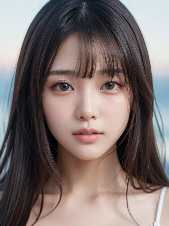 (masterpiece, Highest quality, Super detailed, masterpiece, super high quality、Crystal Clear、RAW UHD Format)、High resolutionの光る目、Highest quality, Realistic skin texture, photograph shoot, Detailed facial features, Film Grain and High Contrast, 非常にHigh resolutionの詳細, photograph, Realistic, Surreal, High resolution, masterpiece、 (300mm lens, f/1.4),(a Japanese woman, 18 years old), well rounded, (plump lips:1.8, plump chin:2.1, plump cheeks:1.86, cute nose:1.7), flat chest, Beautiful, perfect and detailed face, Wearing an open shirt, At the Beach, Fine eyes and lips, Long eyelashes, Realistic, Very detailed, 8K, masterpiece