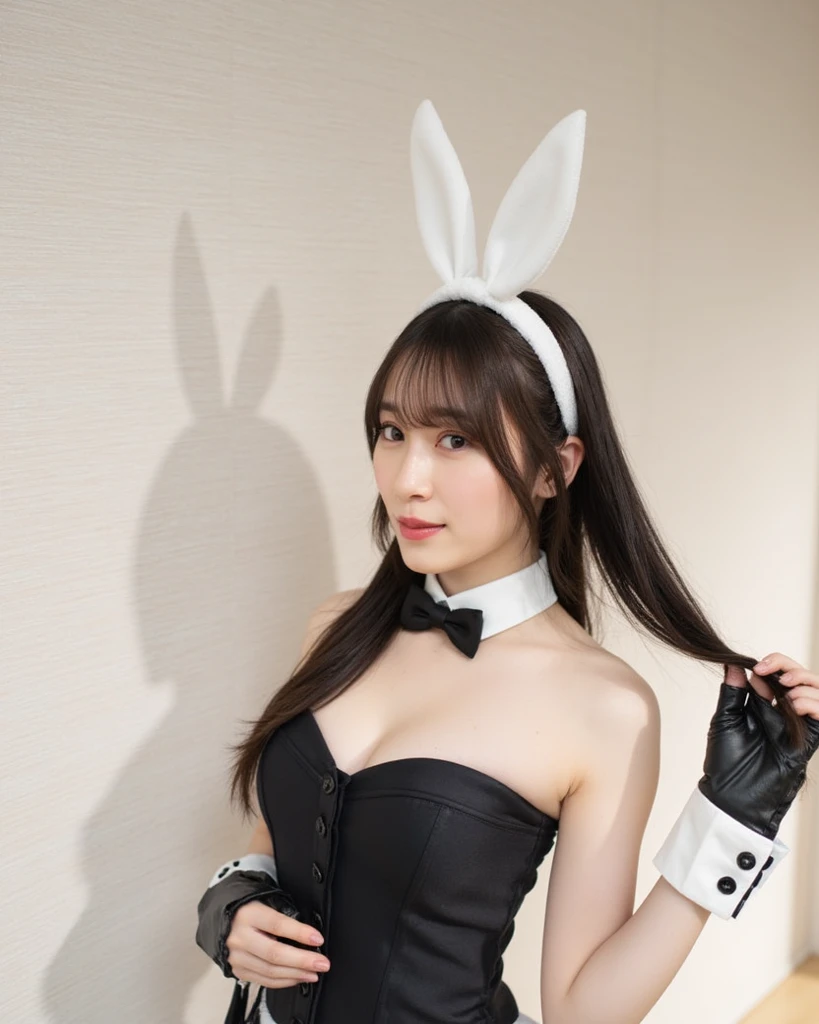 Woman in rabbit earrings squatting。1girl in、24 year old、Height 1.7 m、long flowing brown hair、Beautiful brown eyes、sexy lip、Smaller face、bunnygirl、(Smaller chest:1.5)、big breasts thin waist、toned hips、photorealisim、high-detail、8K、Thin leg、long legged、knees up、Neon colored underwear、Black fishnet stockings、Black enamel high heels、One Piece Bunny Suit、White cuffs、Emphasis on the buttocks、White round tail、Neon colored lighting