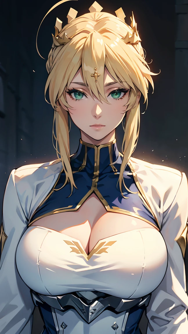 Artoria Lancer, mature woman, elegant, blonde hair, green eyes, casual clothes, crown, white cape, upper body, 4k resolution, high quality