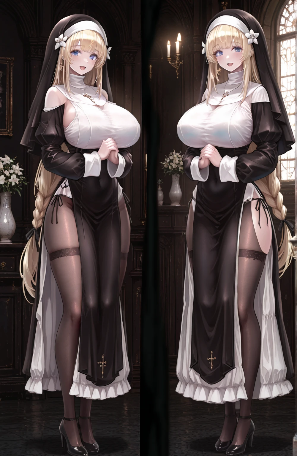 Sexy nun dress top,Wide sleeves,Low-cut neckline,Exposes large areas of chest skin。Underneath is a miniskirt that is so short that it is almost invisible,Barely cover your private parts,But when moving, the panties are completely exposed。The nun also wears a pair of sexy white suspender stockings,Extends from the base of the thighs to the toes,Wrap around slender legs。A sexy suspender is attached to the top of the stockings,Attached to panties。Nun shoes are a pair of black high heels,The heel is at least 6 inches high,Further lengthen the leg line。 Underneath the nun gown is a set of black sexy lace lingerie,Includes a lace bodice,Two pieces of lace panties as thin as cicada wings。The front of the bodice is a large V-neck,Reveals full breasts,Only the are covered,Most of the breasts remain bare。The panties are thong type,There is only a thin rope to cover the private parts,The hind buttocks are completely exposed。