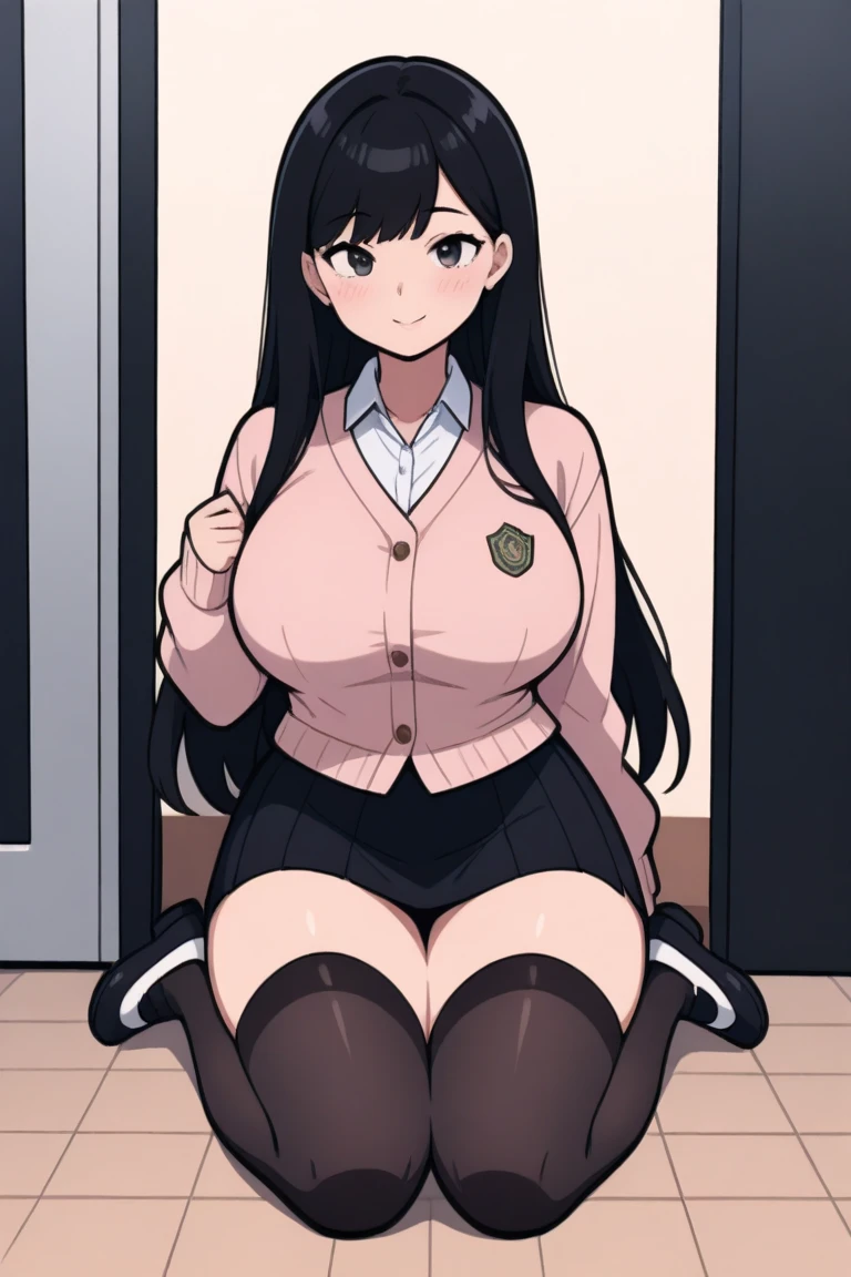 ((Masterpiece)), perfect anatomy, perfect shading, field of depth, (best quality), extremely delicate and beautiful, perfect lighting, detailed face, ultra cute face, cute, ((1girl)), ((solo))
long fluffy black hair, glasses, green eyes, ((blush)), shy, nervous, looking at viewer, sweater, short skirt, medium breasts, arms behind back, (thick thighs), (wide hips),
intricate background, detailed background, book store