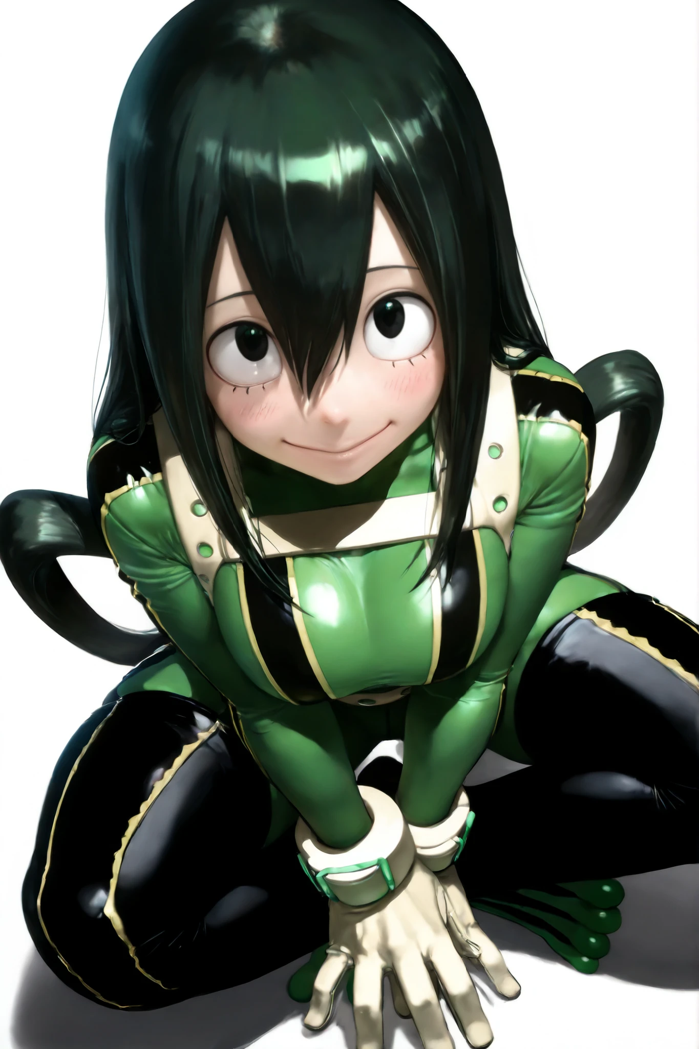 score_9, score_8_up, score_7_up, score_6_up, score_5_up, score_4_up,
BREAK
(masterpiece: 1.0), best quality, perfect anatomy, perfect composition, perfection, Realistic proportions, realistic anatomy, by Yusuke Murata
BREAK
use of shape theory, use of anatomy, defined body, defined textures, defined fabric folds. (dynamic pose, foreshortening, foreshortening, dynamic pose,)
BREAK
1girl, solo, breasts, looking back at viewer, blush, simple background, Asui Tsuyu, dynamic pose, thick lines,sitting lotus pose, high angle, smile, crossed legs