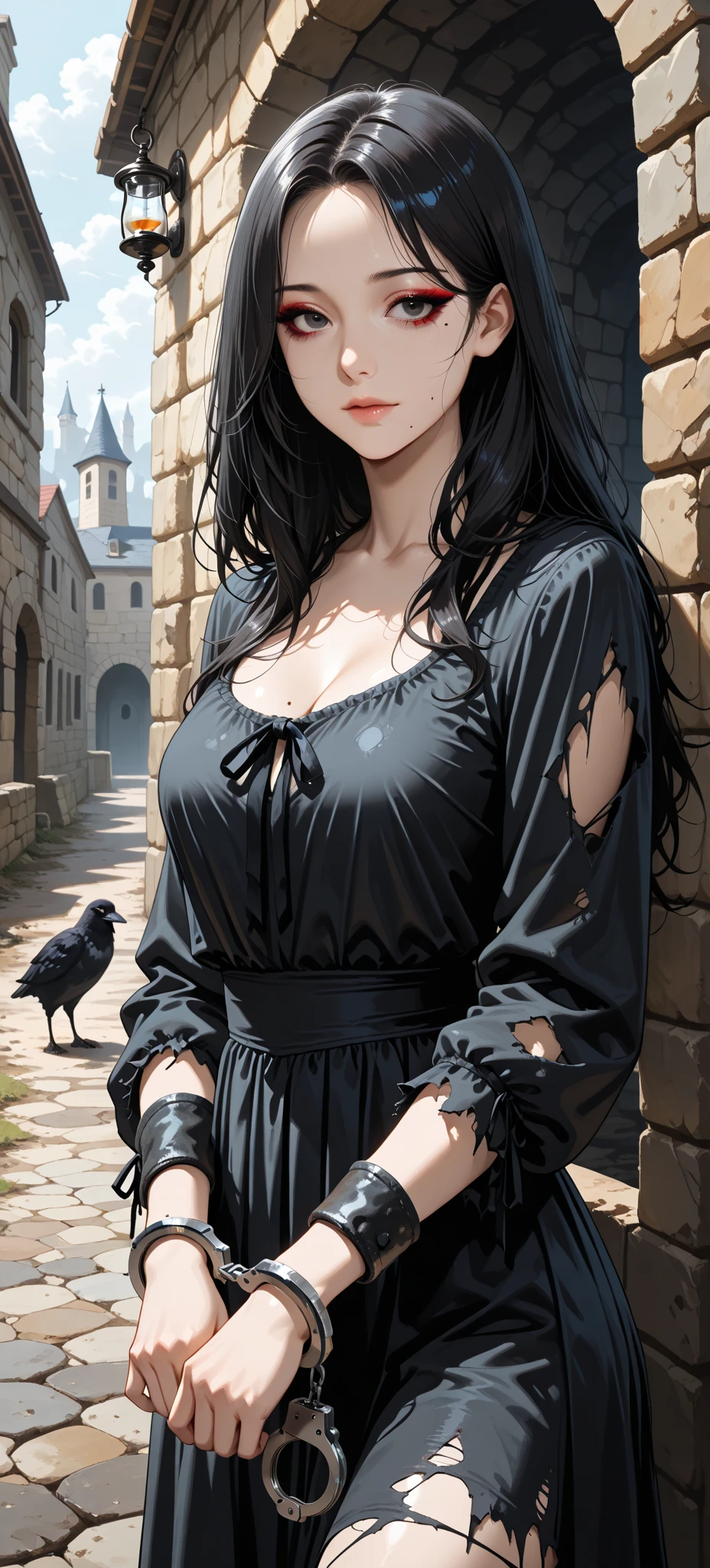 Italian woman, 25 years old, truly gigantic breasts, very long black hair, prisoner has her arms tied with ropes to a menir, black skirt, torn blouse that struggles to contain her breasts, forest of the druidic circle