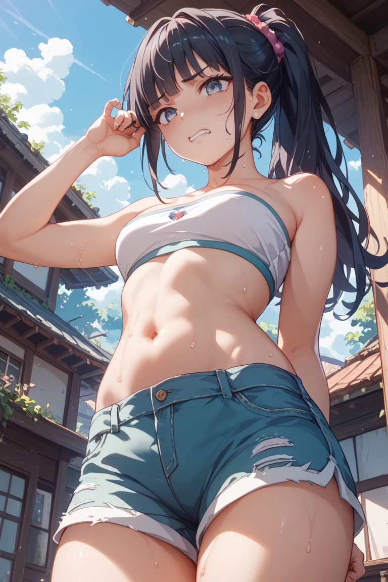 Highest quality, masterpiece, Wallpapers by Unity 8k, (One Girl) , 、1girl,、Flat Chest、Short T-shirt、under boob、from below, blue sky、Outdoor、Upper Body