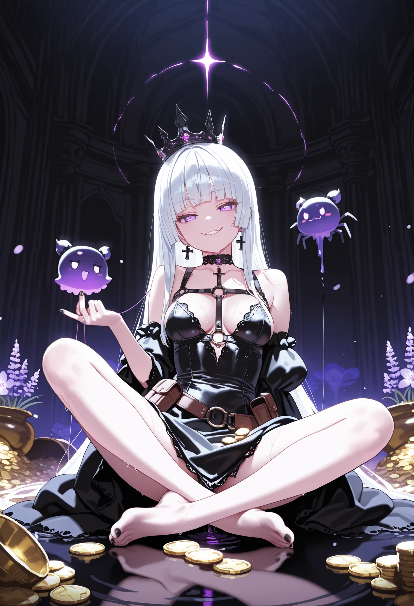 1girl, lavender eye, jitome (0.5), white hair, blunt bangs, hime cut, Medium Breast, queen, melting clothes, dress, flower pettern, Choker, black nail polish, doremi, hwansang, mx2j, masterpiece, best quality, Perfect details, perfect composition, Perfect face, Perfect hand, absurdres, newest, very aesthetic, amazing quality, highres, film grain, Focus on the character, looking at viewer, flowers, Oriental decoration, dynamic view, cute expression, harness, Utility Belt, void, wet, water, floating, grabbing, rotus, thin thread, tar, Acrobatics, water string, dramatic, black crown, dark theme, dark, nsfw, smug face, Gambler, tied with thin thread, A lot of glow coins, falling glow bills, money, Treasure, Cinematic, Magnificent, front view, joyful, spider, madness, Dominant, Cross legs, overbearing attitude, foot, Sitting pose floating in the air